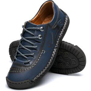 Alcubieree Men Blue Leather Casual Fashion Loafer Driving Rubber Sole Sneakers